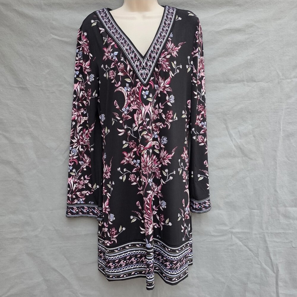 WHBM Long-Sleeve Floral Printed Shift Dress Embroidered Size Medium Boho Western